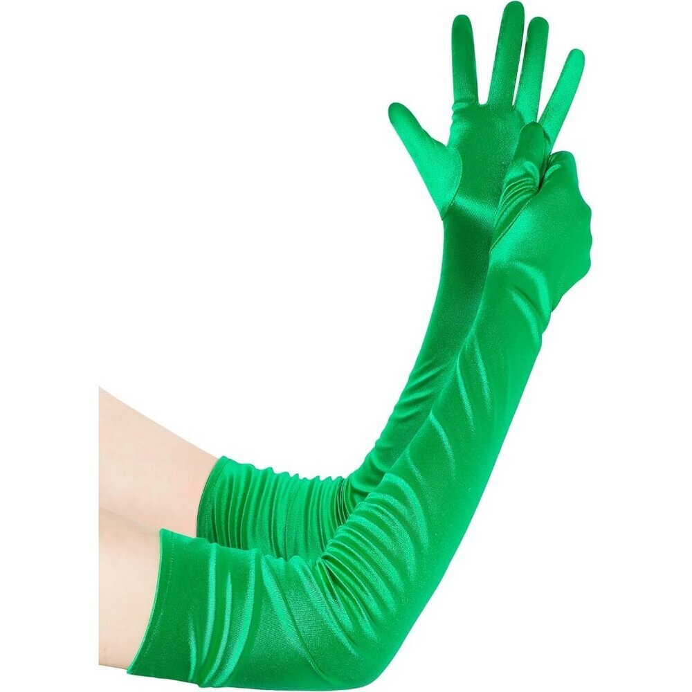 Women's Long Satin Gloves Green Stretchy Upper Arm Length Costume Design